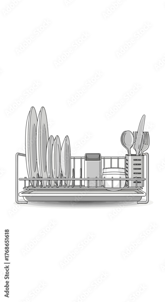 Naklejka premium Dish rack with dishes and utensils isolated on white background.
