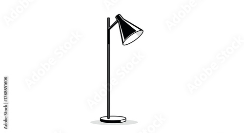 Black floor lamp with a cone-shaped shade stands on a white background.