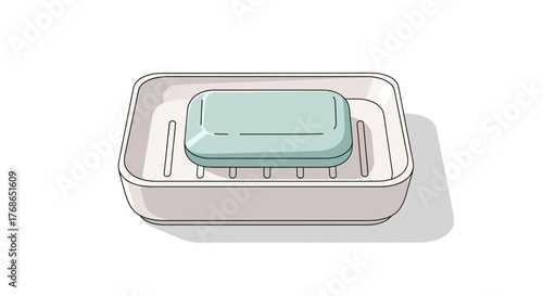 Soap bar sits in a soap dish on a white background illustration.