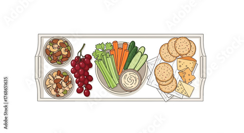 Tray with nuts grapes vegetables dip crackers and cheese food illustration.