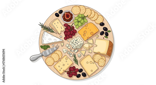 Cheese board with various cheeses crackers grapes olives and other snacks.