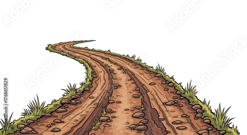 Winding dirt road illustration with grass edges against a white background.