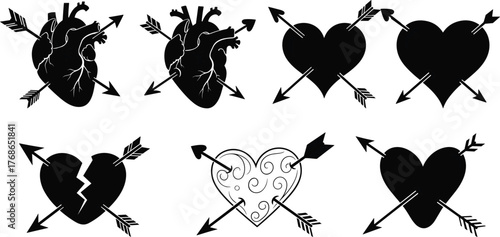 Heart arrow, love symbol, emotional art, heartbreak icon, romantic silhouette, black and white, valentine concept, pierced heart, artistic expression, passion theme