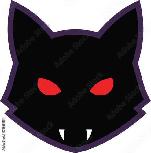 Black cat head with glowing red eyes and sharp teeth