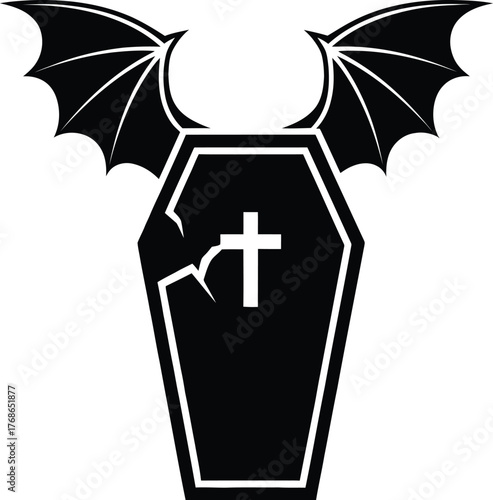 Gothic bat winged coffin with cross symbol