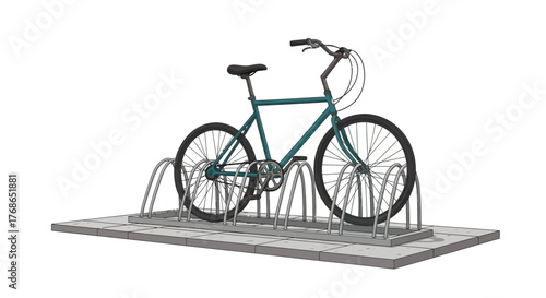 Bicycle parked in metal rack on concrete surface isolated on white background.