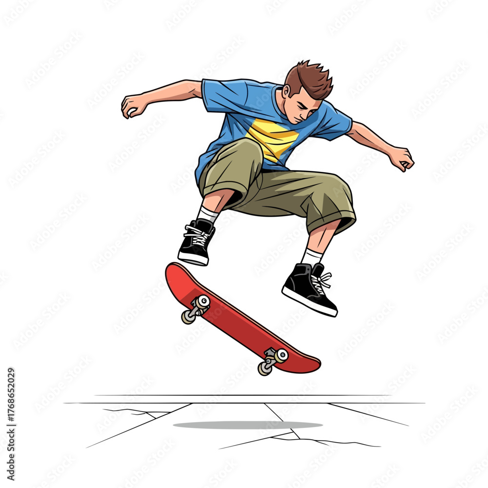 Fototapeta premium Illustration of a person performing a skateboard trick against a white background.