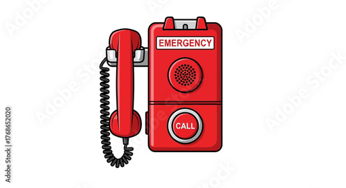 Red emergency phone with call button and speaker on white background.