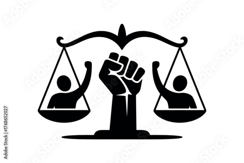 Illustration of scales of justice with raised fist and figures inside