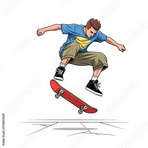 Illustration of a person performing a skateboard trick against a white background.