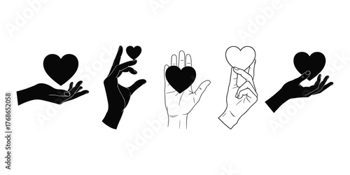 Hand heart, love gesture, emotional symbol, romantic care, black silhouette, giving icon, valentine theme, symbolic art, affection offering, peace design