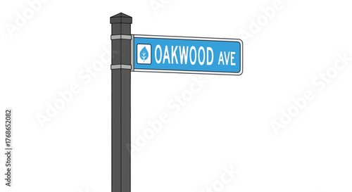 A blue street sign reading Oakwood Ave is attached to a gray pole.