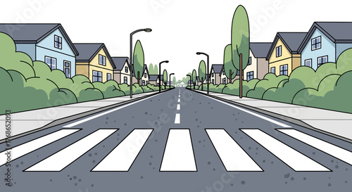Cartoon illustration of a street with houses trees and a crosswalk.