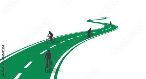 Silhouetted figures cycle on a winding green road with white dashed lines.