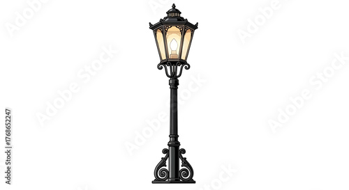 Ornate black street lamp with glowing light bulb isolated on white background.