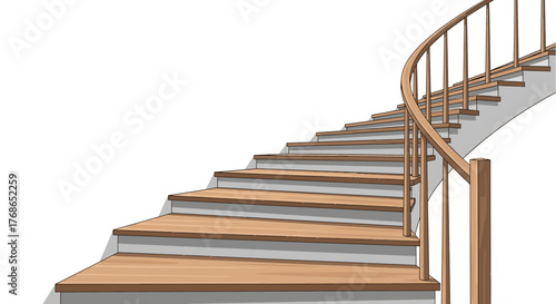 Curved staircase with wooden steps and railing against a white background.