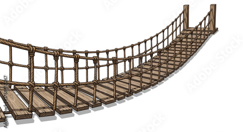 A wooden rope bridge with planks and railings on a white background.