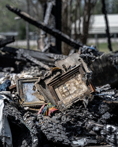 Burnt Picture Frames Scattered Among Ruins of Burnt Home