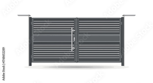 Gray metal gate with horizontal slats and a handle on a white background.