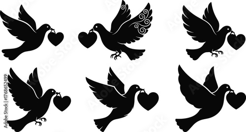 Flying dove, love symbol, heart silhouette, peace bird, romantic icon, black and white, affection theme, graceful flight, valentine concept, emotional art