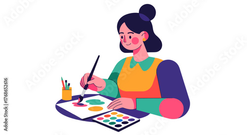 Woman Painting With Brush On The Table Representing a Creative Work of Art