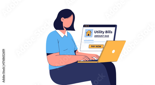 Woman Paying Utility Bills Online on Laptop, Residential Payment Concept Illustration