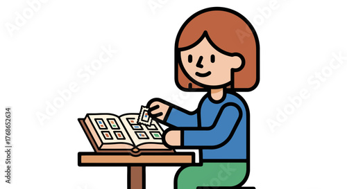 Woman Appreciates Collectibles Using A Large Open Book And Affixing Ephemera Elements