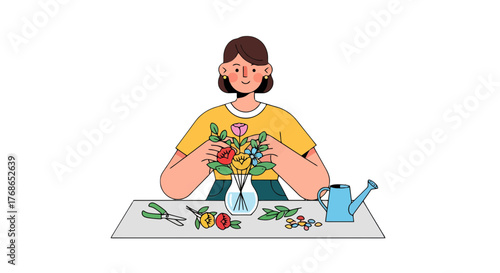 Woman Arranges Fresh Flowers Into A Vase Creating An Appealing Floral Arrangement Design