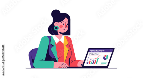 Woman Analyzing Retirement Plan on Laptop, Financial Planning Concept, Modern Illustration