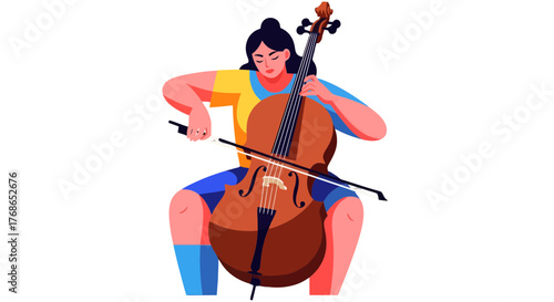 Woman Playing Cello In A Colorful Outfit Against A Black Background
