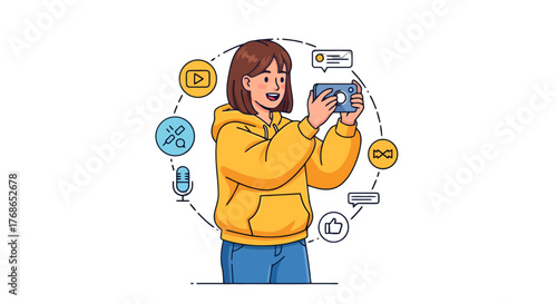 Woman Capturing Content With Smartphone, Social Media and Communication in Focus