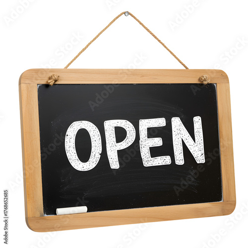 Chalkboard sign with the word open displayed for business commerce and retail services isolated on transparent background