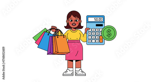 Woman Calculating Shopping Expenses And Holding Bags with Money and a Calculator