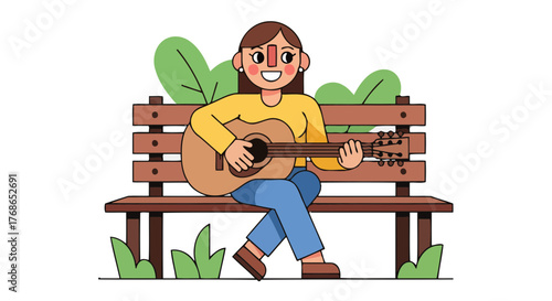 Woman Playing Guitar on a Park Bench Illustration, Joyful Music Experience