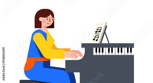 Woman Playing Piano And Music Notes: Learning And Practicing Melodic Compositions