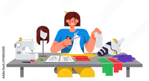 Woman Crafting Costume Using Sewing Machine And Scissors On Design Table.