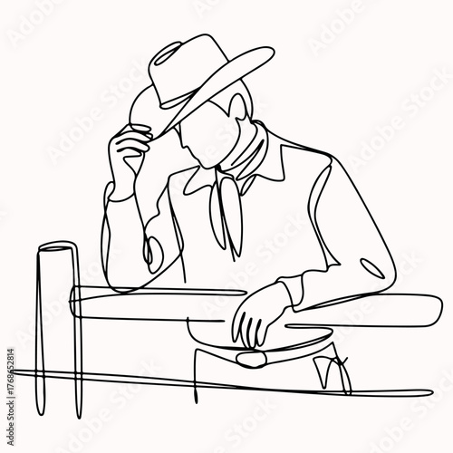 Monoline Illustration of a Cowboy Leaning on a Fence with a Hat and Western Attire
