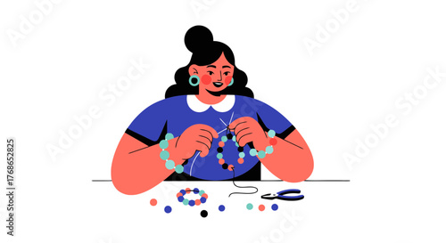 Woman Crafting Beads into Jewelry with Focus and Creativity Vector Illustration