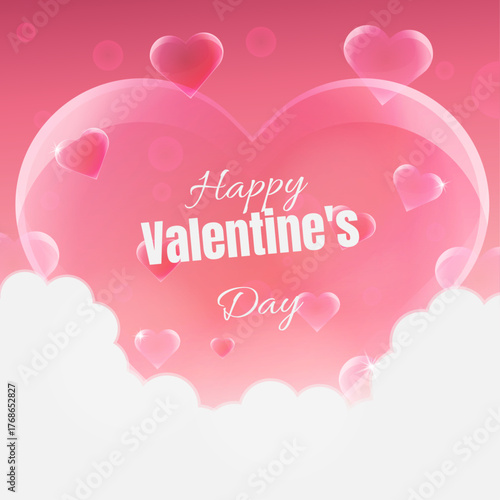 Romantic Valentine’s Day greeting card with pink hearts, soft clouds, and “Happy Valentine’s Day” text. Cute love background, romantic design for couples, wedding, or February 14 celebration.