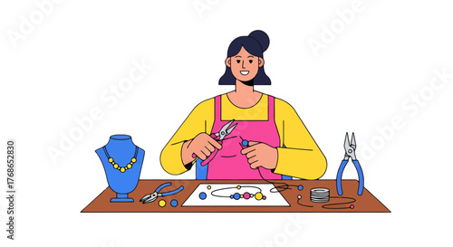 Woman Crafting Jewelry at a Table Using Tools And Materials on Black Background