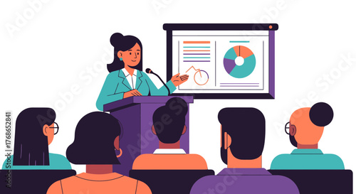 Woman Presenting Data To An Audience Showing Charts On A Screen And A Podium