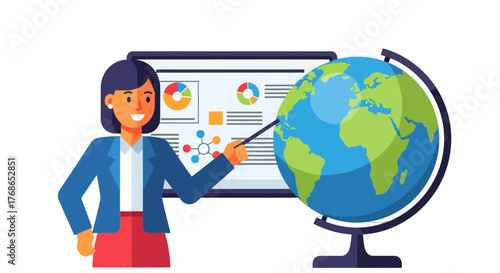 Woman Presenting Global Data On Illuminated Screen With Globe And Graphs For Education