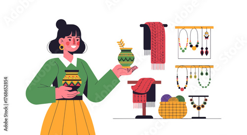 Woman Presenting Handmade Crafts and Artisan Products in A Colorful Flat Illustration