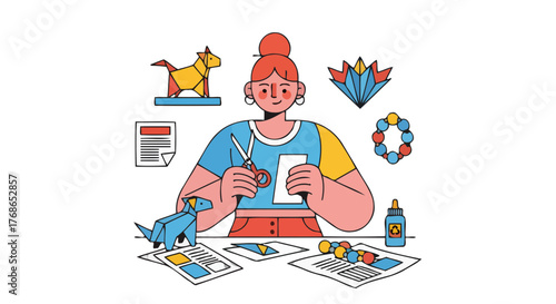 Woman Crafts Origami Figures Demonstrating Creative Process Against Black Background