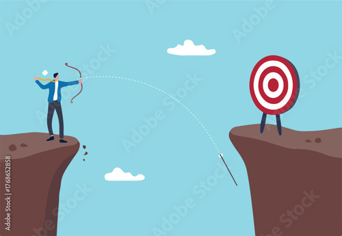 Terribly missed target, failure or mistake, fail to achieve goal, big error or wasted effort concept, overconfidence businessman archery terribly missed target.