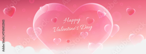 Romantic Valentine's Day banner with hearts, poster, voucher, with love text, pink background and white clouds for holiday events and digital design. Vector illustration