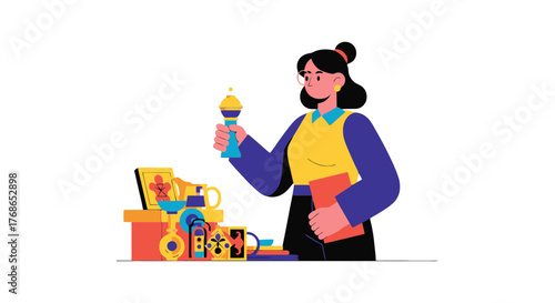 Woman Presenting Objetcts With Colorful Illustrations, Isolated on Black Background