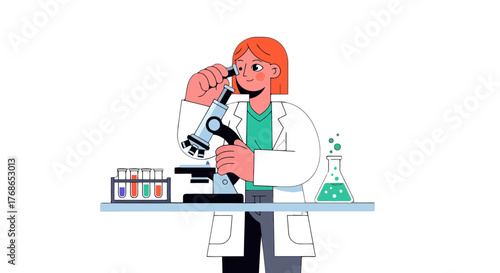 Woman Scientist Exploring Scientific Realm Through Microscope Illustrations Depicting Chemistry