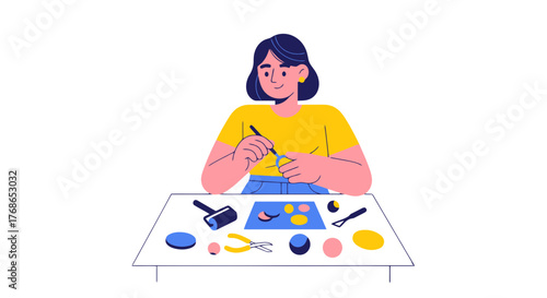 Woman Sculpting Clay Elements on a Work Table in a Creative Art Studio Setting