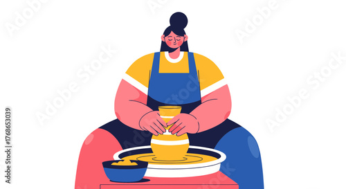 Woman Sculpting A Yellow Vase on A Pottery Wheel During Creative Crafts Studio Session